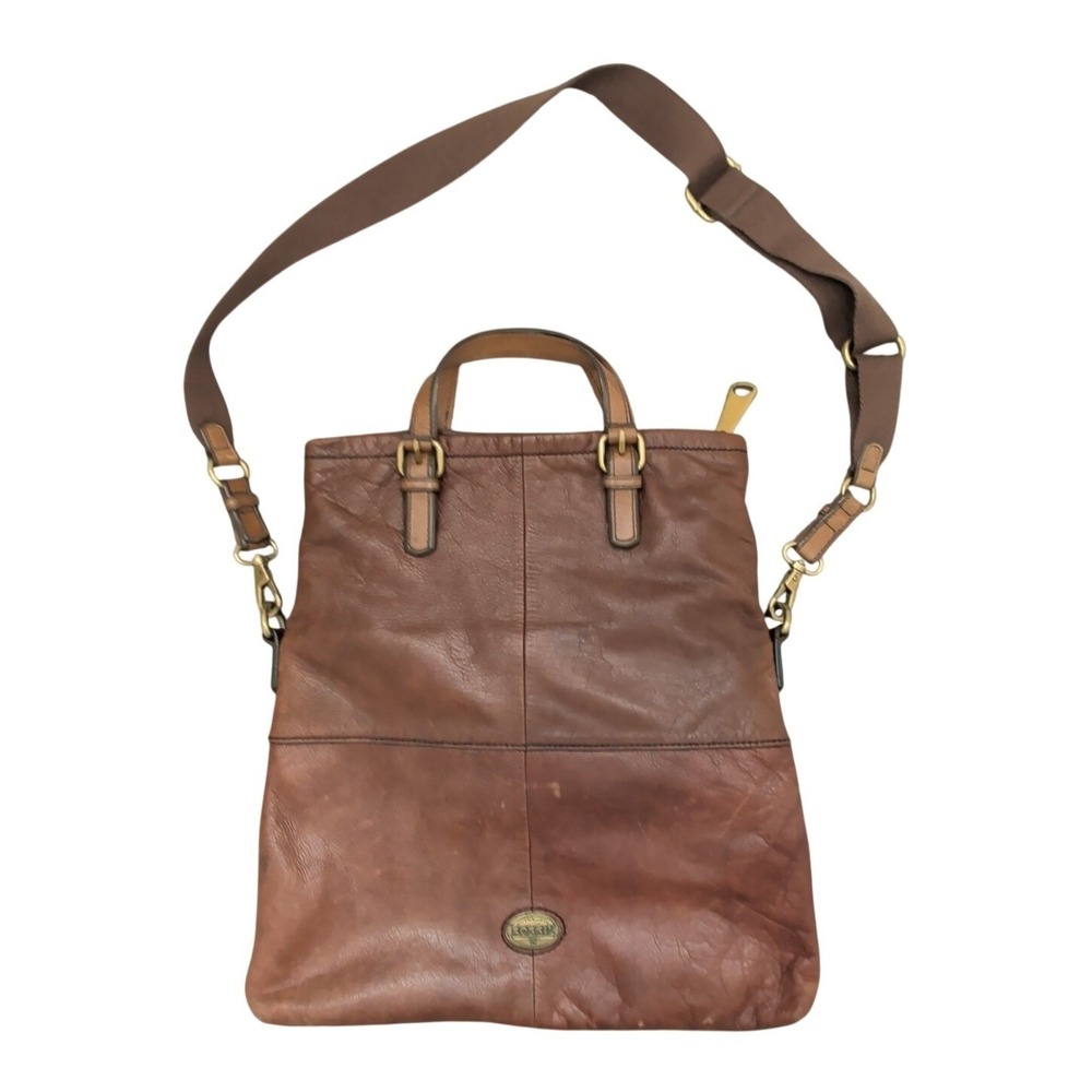 Fossil Explorer Fold Over Tote Leather Crossbody Bag Espresso Brown Convertible